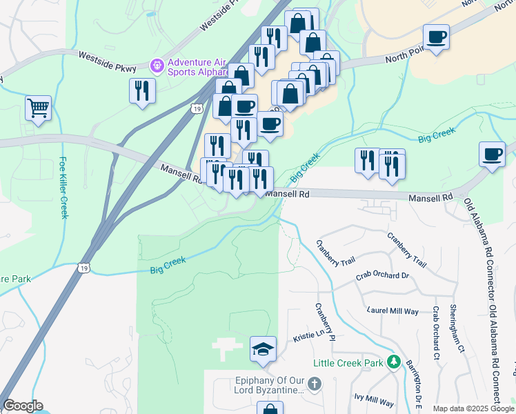 map of restaurants, bars, coffee shops, grocery stores, and more near 2375 Mansell Road in Alpharetta