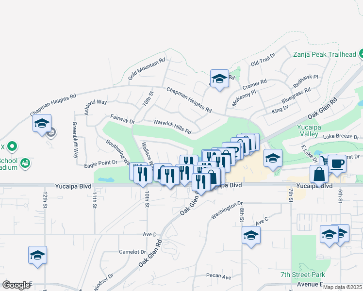map of restaurants, bars, coffee shops, grocery stores, and more near 33405 Wallace Way in Yucaipa