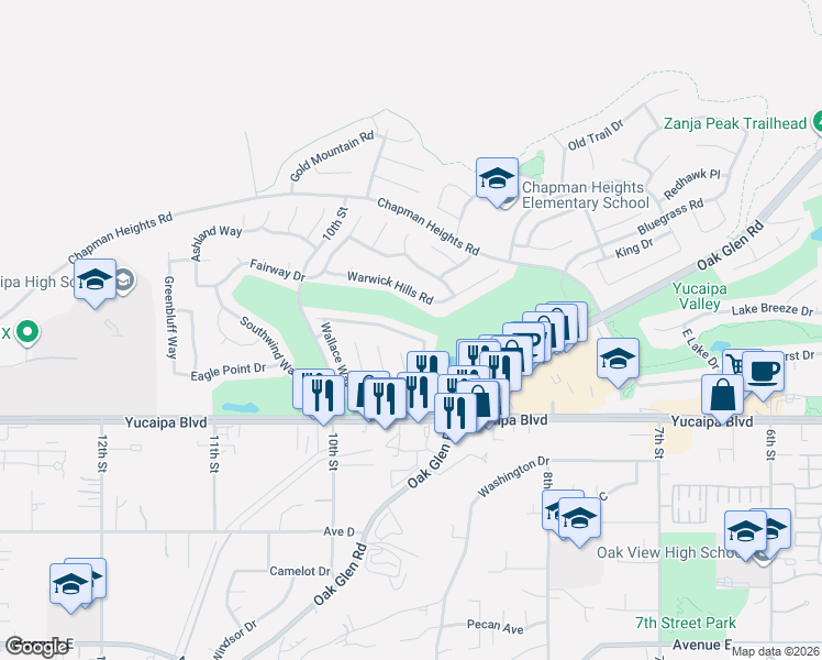 map of restaurants, bars, coffee shops, grocery stores, and more near 33406 Wallace Way in Yucaipa