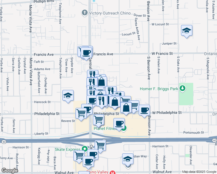 map of restaurants, bars, coffee shops, grocery stores, and more near 11910 Cayuga Place in Chino