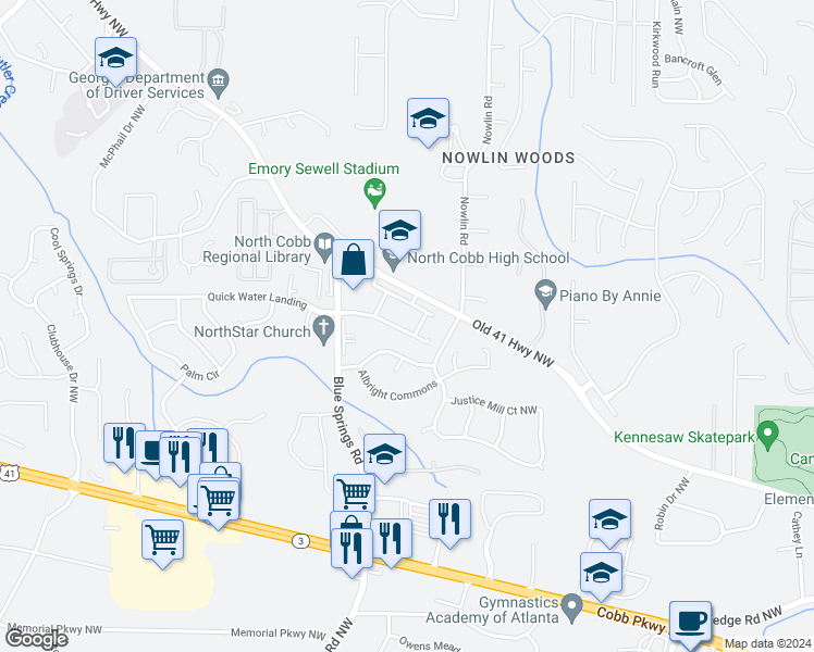 map of restaurants, bars, coffee shops, grocery stores, and more near 3320 Blue Springs Station Northwest in Kennesaw