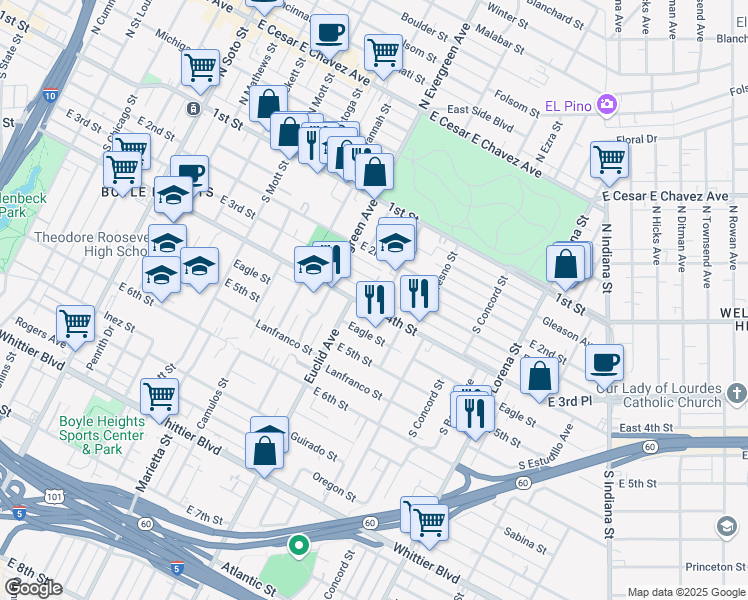 map of restaurants, bars, coffee shops, grocery stores, and more near 3023 East 4th Street in Los Angeles