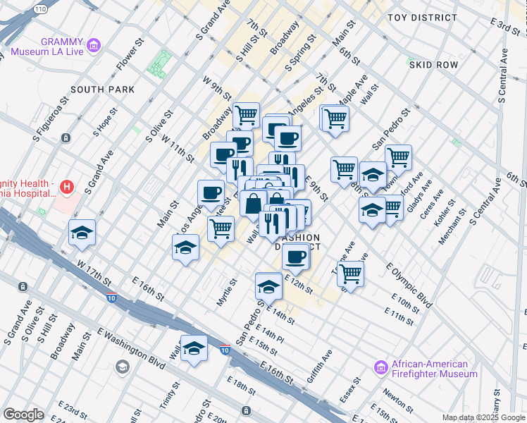 map of restaurants, bars, coffee shops, grocery stores, and more near 501 East 11th Street in Los Angeles