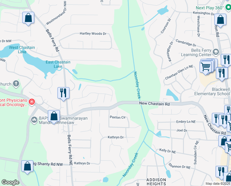 map of restaurants, bars, coffee shops, grocery stores, and more near 405 Bloombridge Way Northwest in Marietta