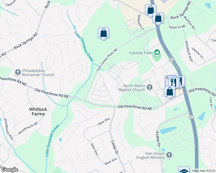 map of restaurants, bars, coffee shops, grocery stores, and more near 2697 Cedar Drive in Lawrenceville