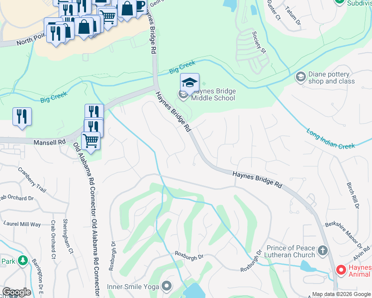 map of restaurants, bars, coffee shops, grocery stores, and more near 165 Summerfield Drive in Alpharetta