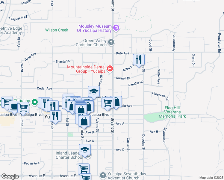 map of restaurants, bars, coffee shops, grocery stores, and more near 11932 Bryant Street in Yucaipa
