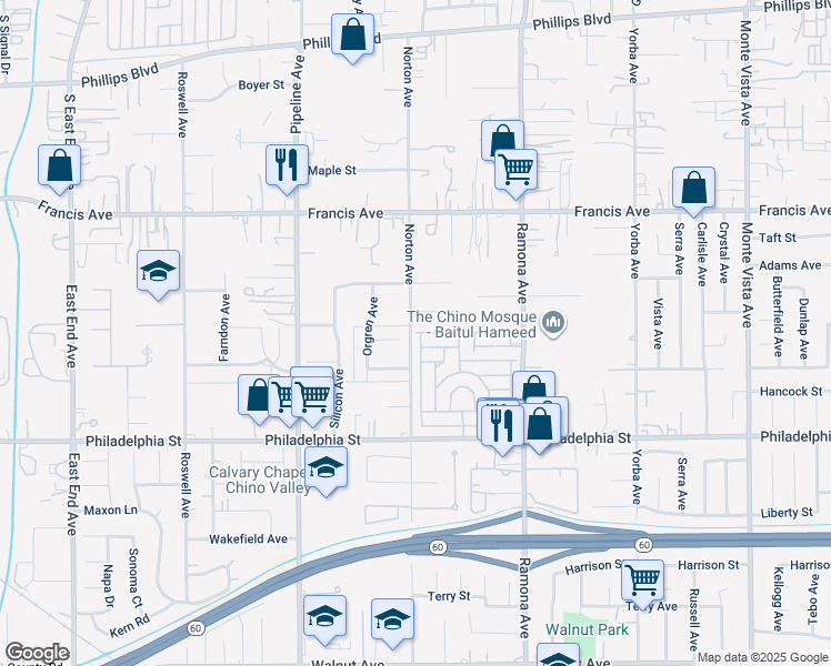 map of restaurants, bars, coffee shops, grocery stores, and more near 3694 Green Way Lane in Chino