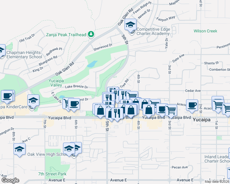map of restaurants, bars, coffee shops, grocery stores, and more near 34350 Cedar Avenue in Yucaipa
