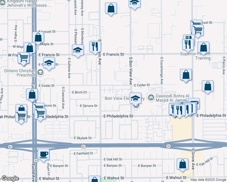 map of restaurants, bars, coffee shops, grocery stores, and more near 2029 South Campus Avenue in Ontario