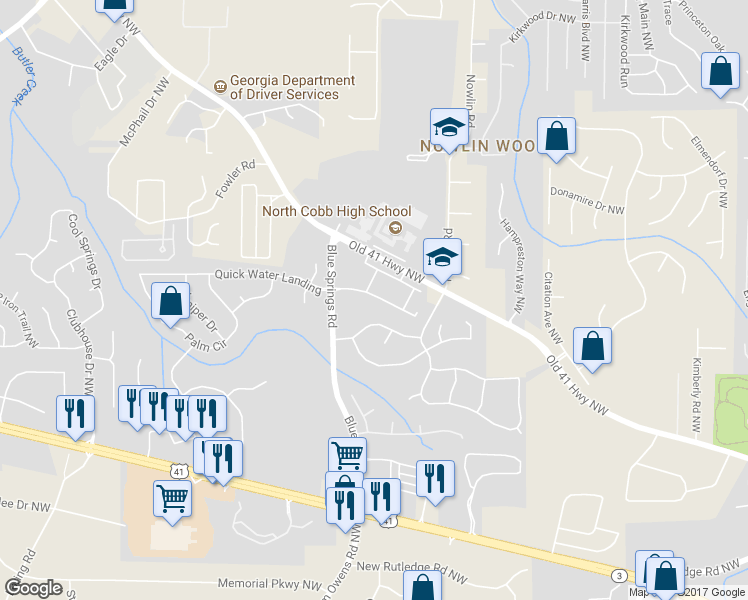 map of restaurants, bars, coffee shops, grocery stores, and more near 3331 Blue Springs Station Northwest in Kennesaw