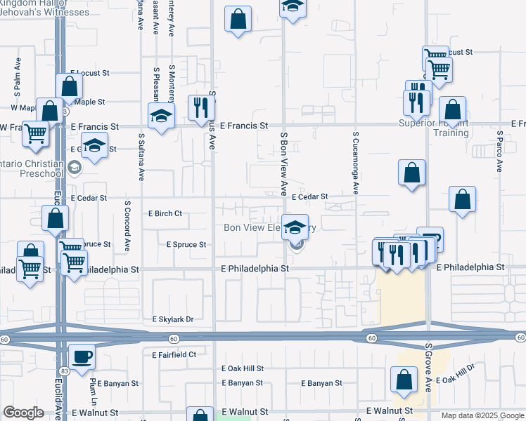 map of restaurants, bars, coffee shops, grocery stores, and more near 2028 South Bon View Avenue in Ontario