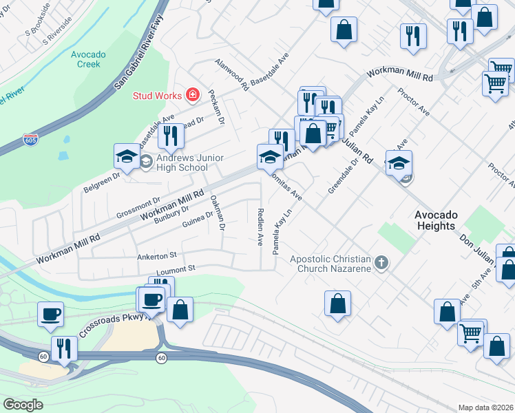 map of restaurants, bars, coffee shops, grocery stores, and more near 811 Redlen Avenue in Whittier