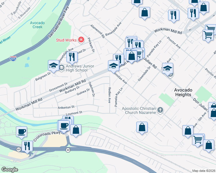 map of restaurants, bars, coffee shops, grocery stores, and more near 811 Redlen Avenue in Whittier