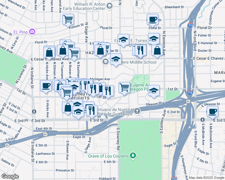 map of restaurants, bars, coffee shops, grocery stores, and more near 120 North Bonnie Beach Place in Los Angeles