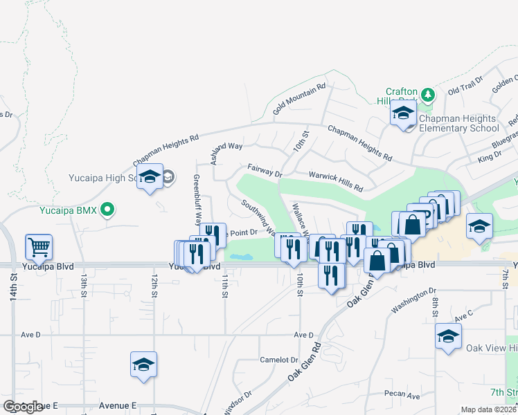 map of restaurants, bars, coffee shops, grocery stores, and more near 11967 Southwind Way in Yucaipa