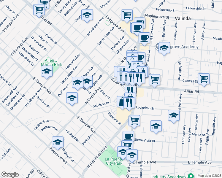 map of restaurants, bars, coffee shops, grocery stores, and more near 833 North Eldon Avenue in La Puente