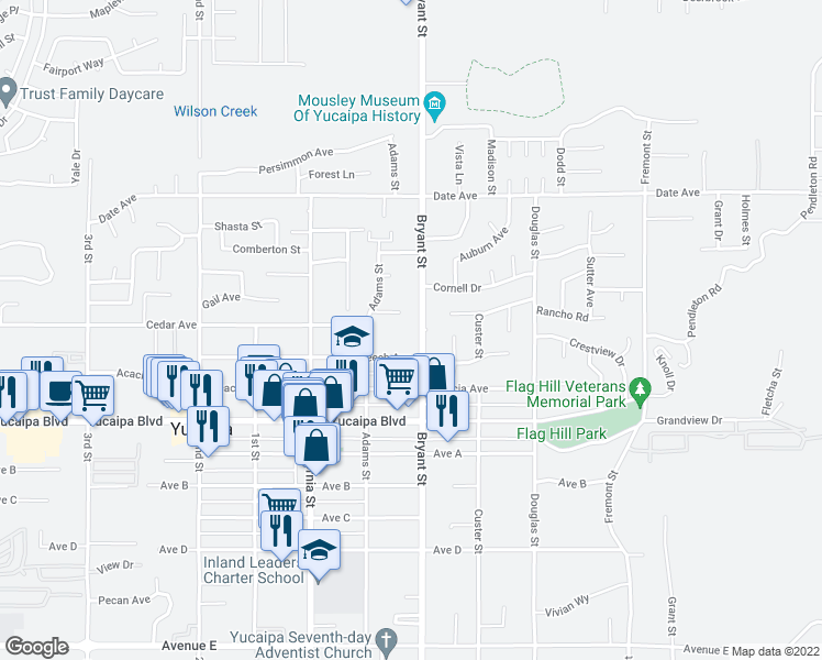 map of restaurants, bars, coffee shops, grocery stores, and more near 11930 Bryant Street in Yucaipa