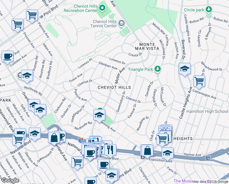 map of restaurants, bars, coffee shops, grocery stores, and more near 10290 Cheviot Drive in Los Angeles
