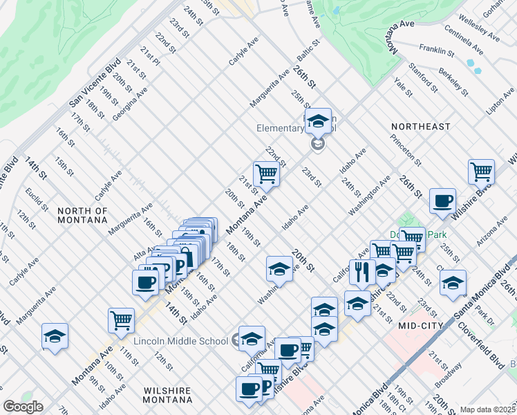 map of restaurants, bars, coffee shops, grocery stores, and more near 2002 Montana Avenue in Santa Monica