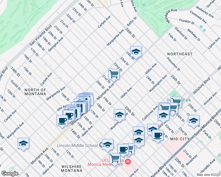 map of restaurants, bars, coffee shops, grocery stores, and more near 2002 Montana Avenue in Santa Monica