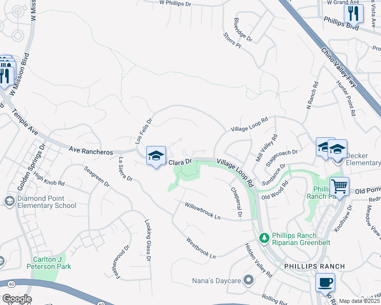 map of restaurants, bars, coffee shops, grocery stores, and more near 3 Calle Del Rey in Pomona