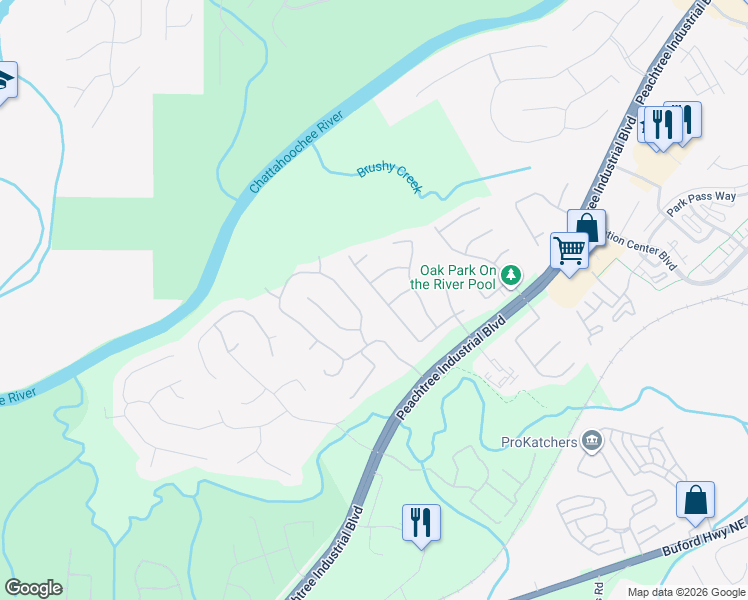 map of restaurants, bars, coffee shops, grocery stores, and more near 3980 Riversong Drive Northwest in Suwanee