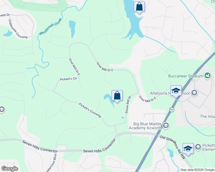 map of restaurants, bars, coffee shops, grocery stores, and more near 154 Mill Pond Court in Acworth