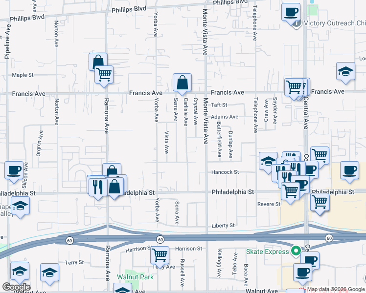 map of restaurants, bars, coffee shops, grocery stores, and more near 11910 Carlisle Avenue in Chino