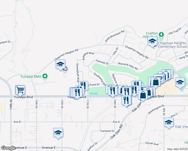 map of restaurants, bars, coffee shops, grocery stores, and more near 11924 Southwind Way in Yucaipa