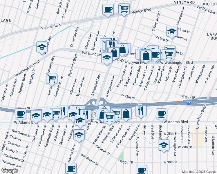 map of restaurants, bars, coffee shops, grocery stores, and more near 2303 South Highland Avenue in Los Angeles