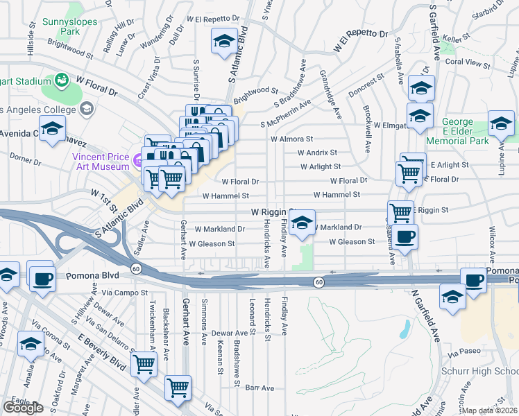 map of restaurants, bars, coffee shops, grocery stores, and more near 507 West Riggin Street in Monterey Park