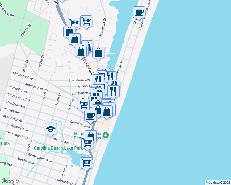 map of restaurants, bars, coffee shops, grocery stores, and more near 302 Canal Drive in Carolina Beach