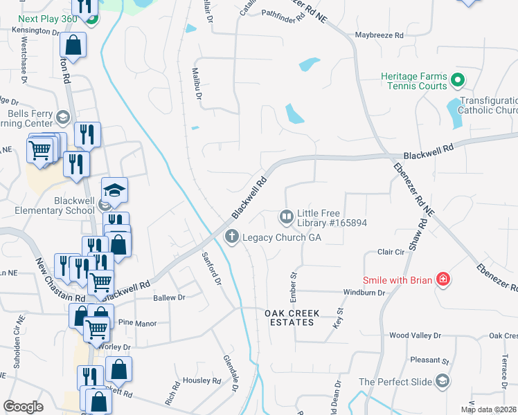 map of restaurants, bars, coffee shops, grocery stores, and more near 3469 Blackwell Way in Marietta