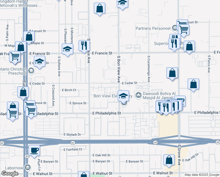 map of restaurants, bars, coffee shops, grocery stores, and more near 2028 South Bon View Avenue in Ontario