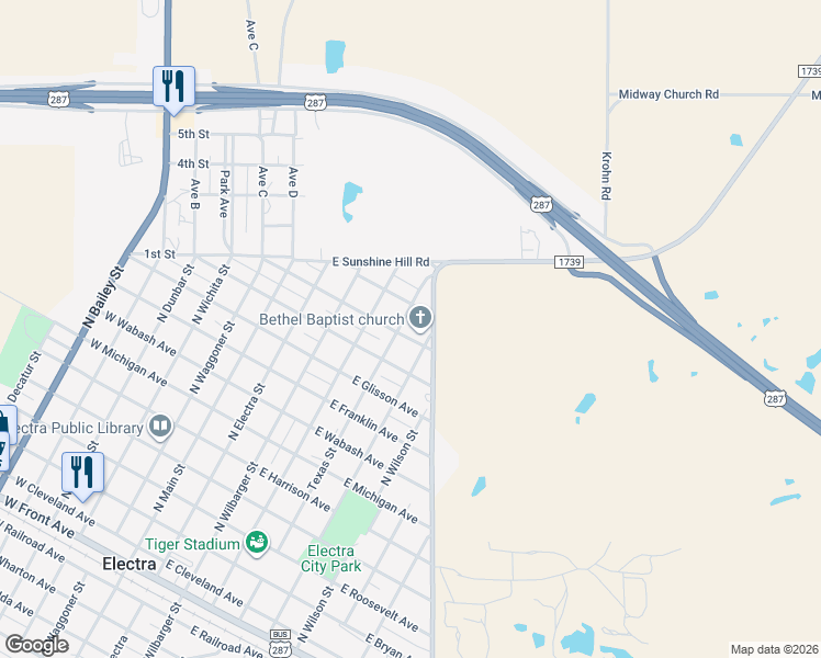 map of restaurants, bars, coffee shops, grocery stores, and more near 500 East Lincoln Avenue in Electra