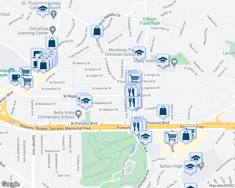 map of restaurants, bars, coffee shops, grocery stores, and more near 219 West Riggin Street in Monterey Park