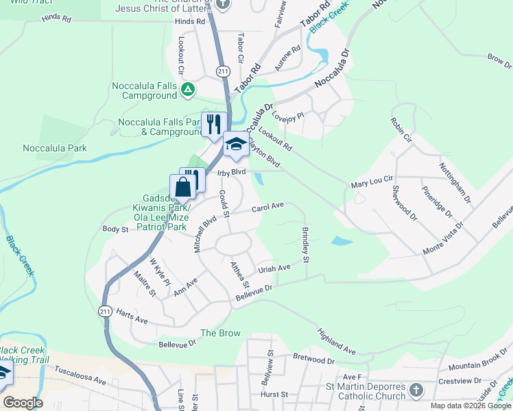 map of restaurants, bars, coffee shops, grocery stores, and more near 114 Carol Avenue in Gadsden