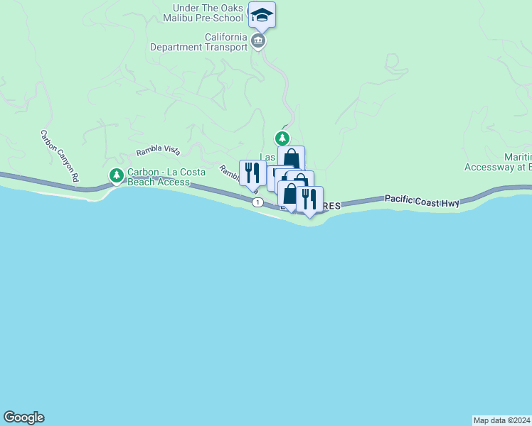 map of restaurants, bars, coffee shops, grocery stores, and more near 21310 Pacific Coast Highway in Malibu