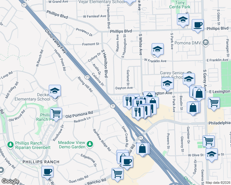 map of restaurants, bars, coffee shops, grocery stores, and more near 1045 West Lexington Avenue in Pomona