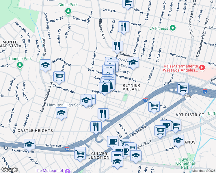 map of restaurants, bars, coffee shops, grocery stores, and more near 2817 South Robertson Boulevard in Los Angeles