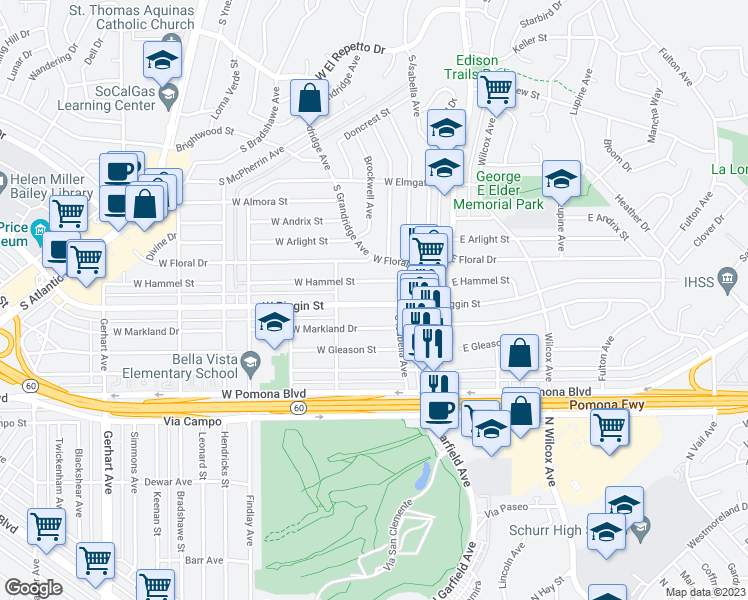 map of restaurants, bars, coffee shops, grocery stores, and more near 219 West Riggin Street in Monterey Park