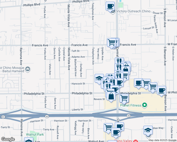 map of restaurants, bars, coffee shops, grocery stores, and more near 5061 Chesapeake Street in Chino