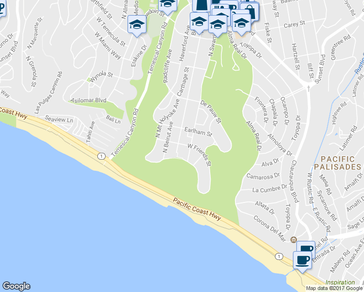 map of restaurants, bars, coffee shops, grocery stores, and more near 336 Vía De La Paz in Los Angeles