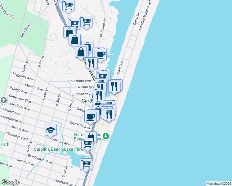 map of restaurants, bars, coffee shops, grocery stores, and more near 302 Canal Drive in Carolina Beach