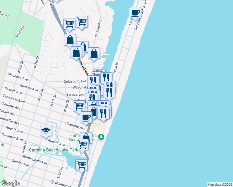 map of restaurants, bars, coffee shops, grocery stores, and more near 308 Carolina Beach Avenue North in Carolina Beach