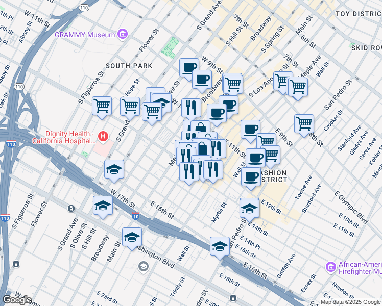 map of restaurants, bars, coffee shops, grocery stores, and more near 218 East 12th Street in Los Angeles