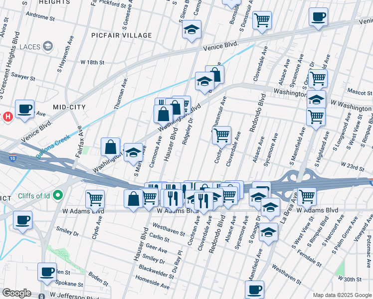 map of restaurants, bars, coffee shops, grocery stores, and more near 2222 South Ridgeley Drive in Los Angeles