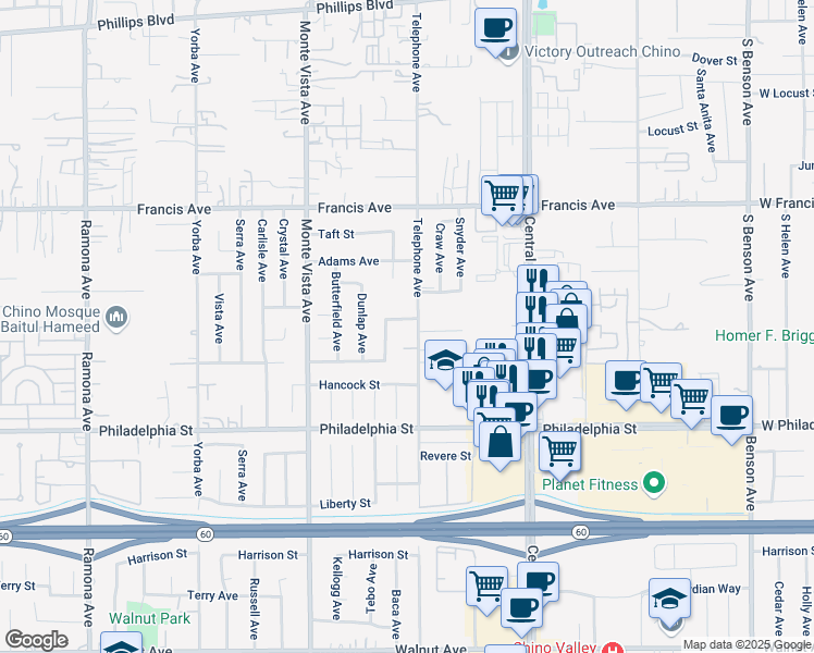 map of restaurants, bars, coffee shops, grocery stores, and more near 11940 Telephone Avenue in Chino