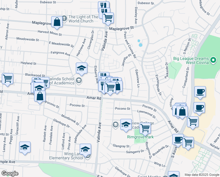 map of restaurants, bars, coffee shops, grocery stores, and more near 1011 East Amar Road in West Covina